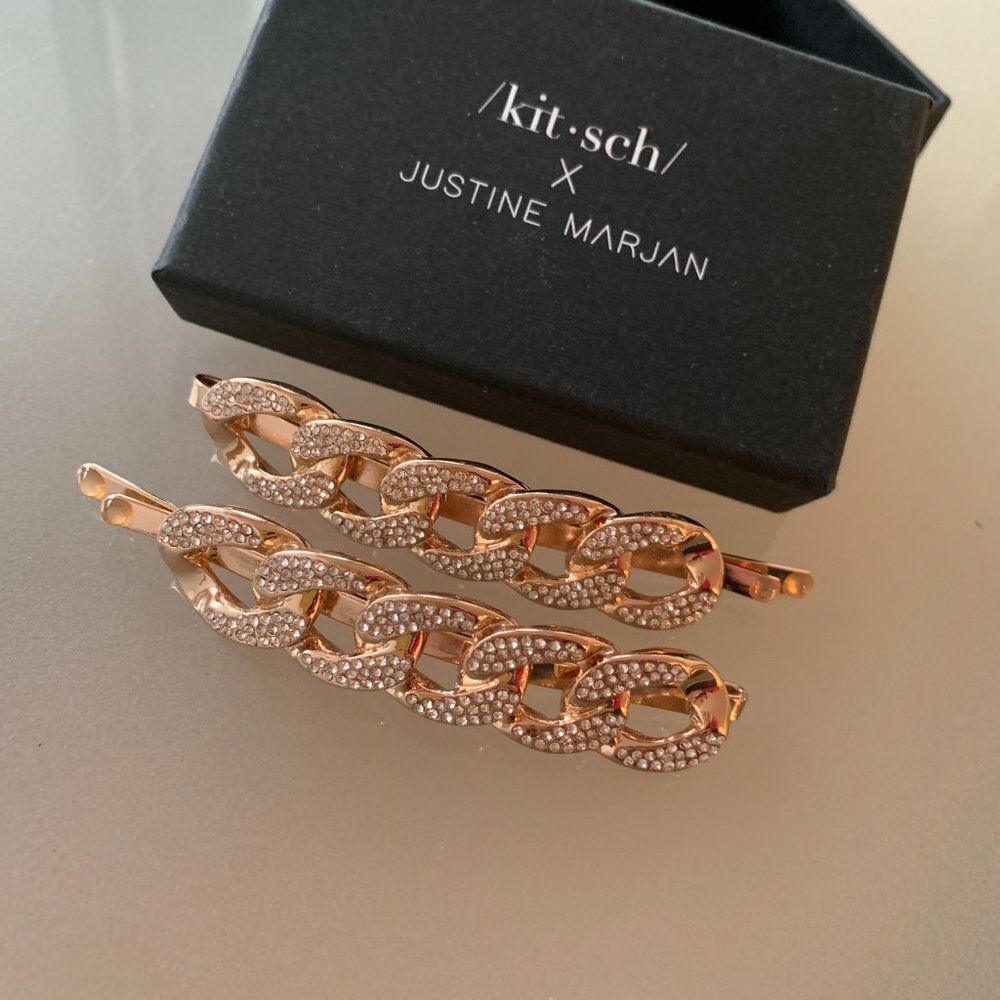 Lot of 2 BNIB Kitsch x Justine Marjan XL Rhinestone Chain Gold Bobby Pin Set